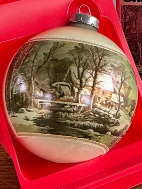 Vintage 1974 Currier & Ives Corning Glass Christmas Bulb The Old Grist Mill